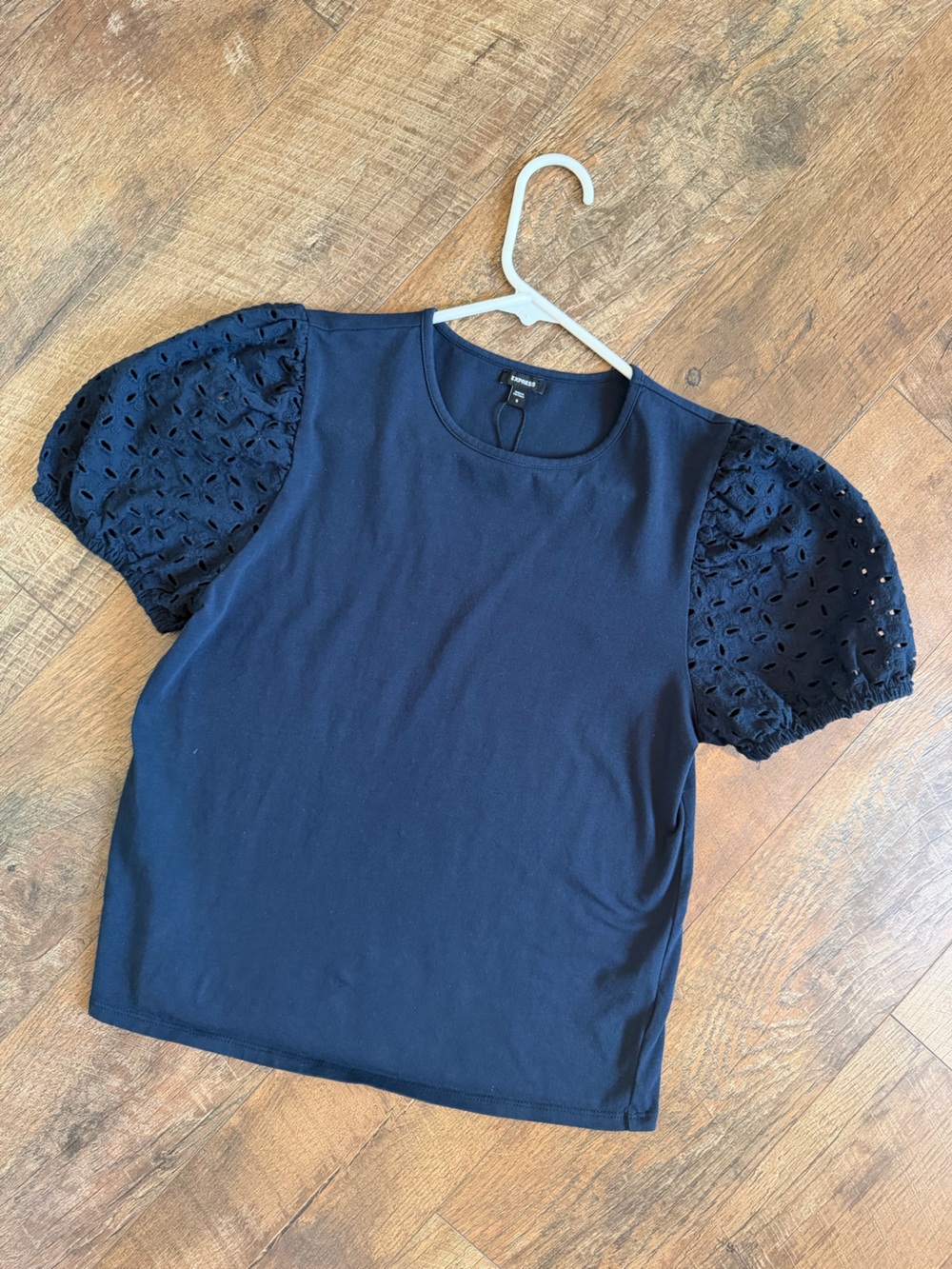 Express Navy Puff Sleeve Eyelet Tee